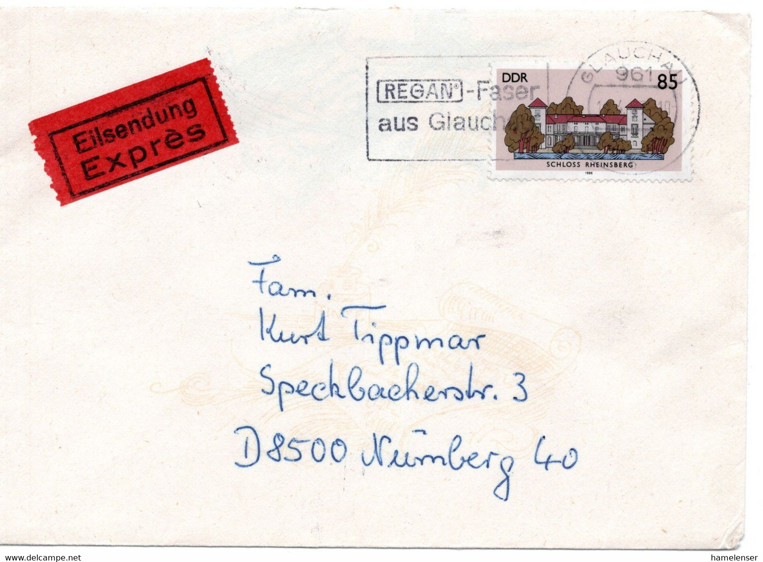 57608 - DDR - 1987 - 85Pfg. Schloss Rheinsberg EF A Eilbf GLAUCHAU -> NUERNBERG (Westdeutschland) - Lettres & Documents