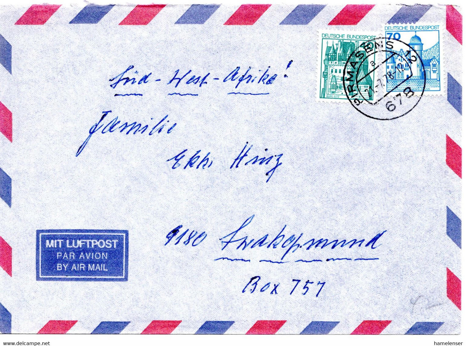 57611 - Bund - 1978 - 70Pfg. B&S MiF A LpBf PIRMASENS -> Suedwestafrika - Briefe U. Dokumente