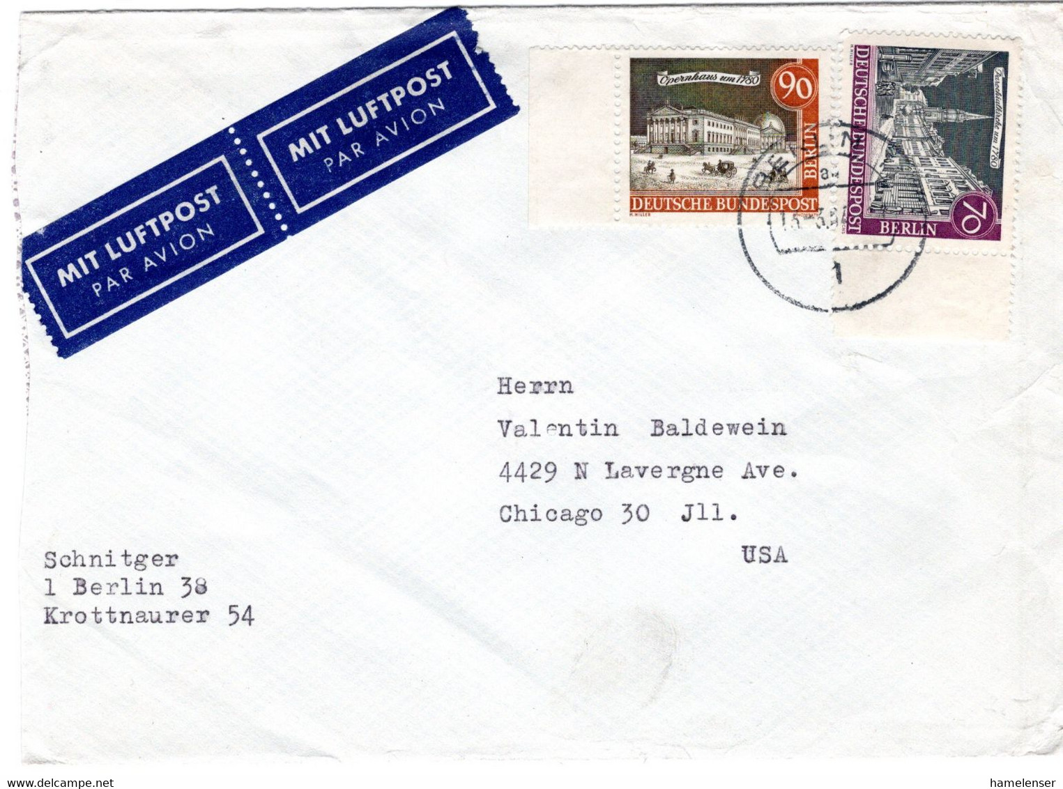 57614 - Berlin - 1964 - 90Pfg Alt-Berlin MiF A LpBf BERLIN -> Chicago, IL (USA) - Storia Postale