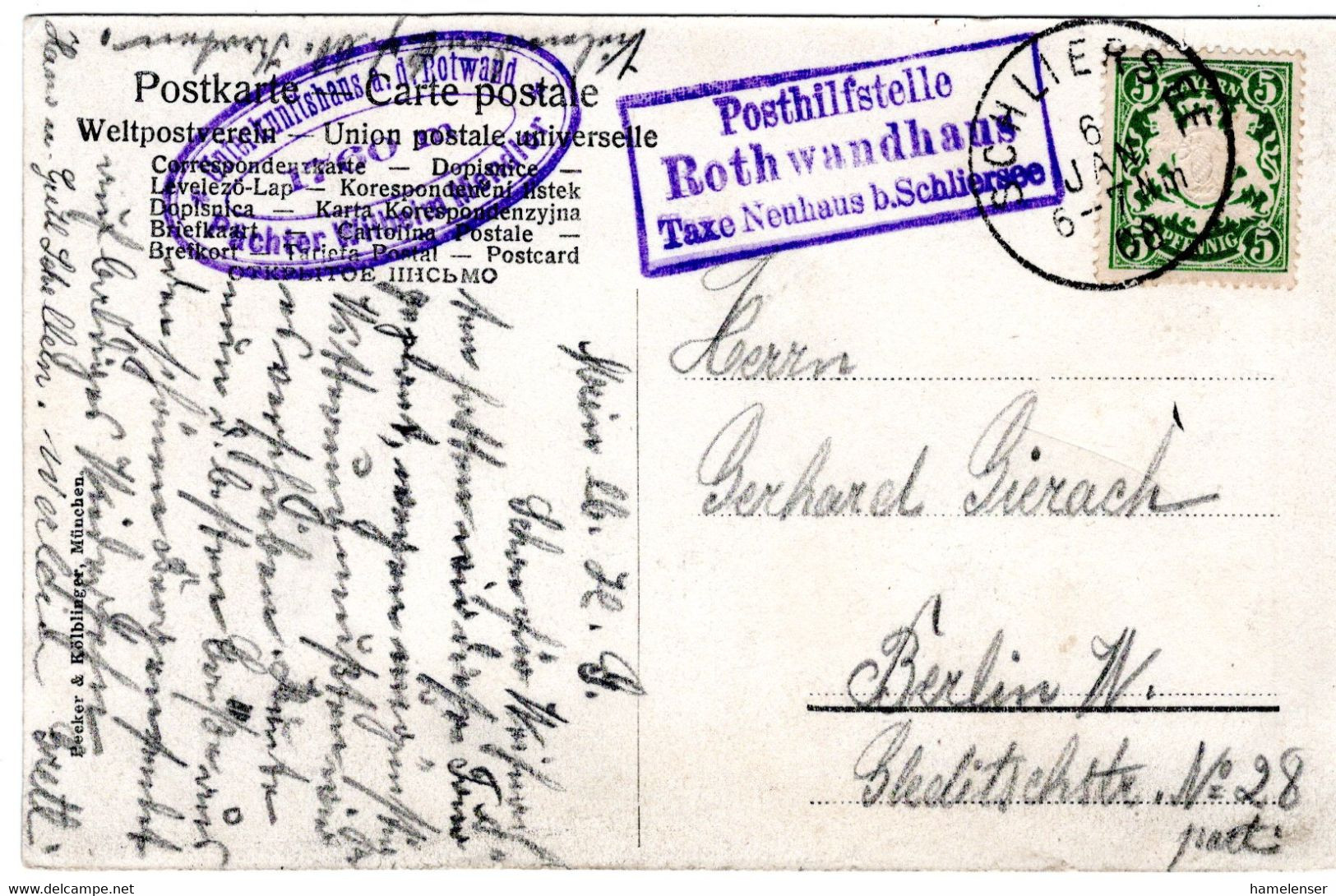 57615 - Altdeutschland / Bayern - 5Pfg Wappen A AnsKte POSTHILFSSTELLE ROTHWANDHAUS ... -> SCHLIERSEE -> Berlin - Lettres & Documents