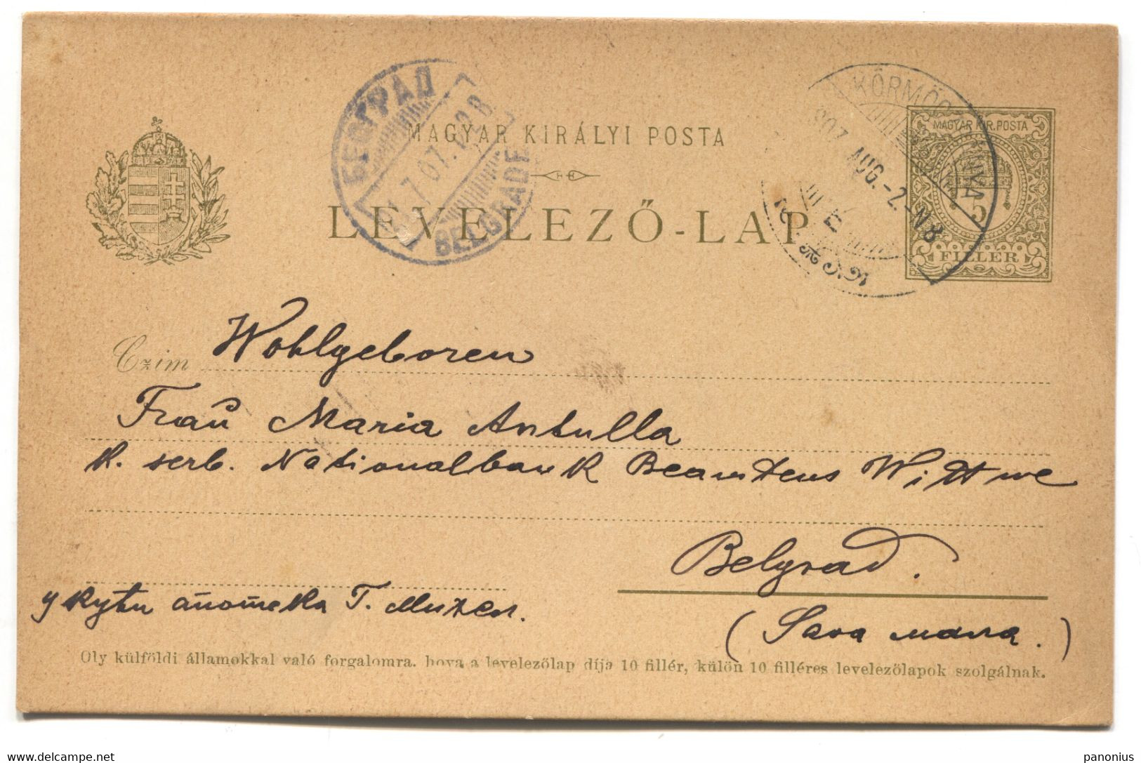 Kormoczbanya Kremnica Slovakia - Postal Stationery Traveled To Belgrade Serbia, Year 1907 - Zonder Classificatie