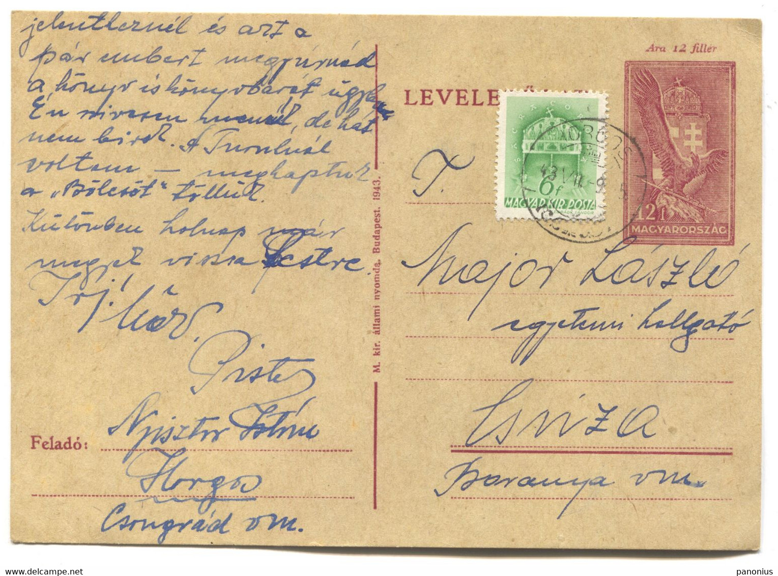 Horgos Serbia - Postal Stationery Traveled To Csuza Baranya, Year 1943 - Banat-Bacska