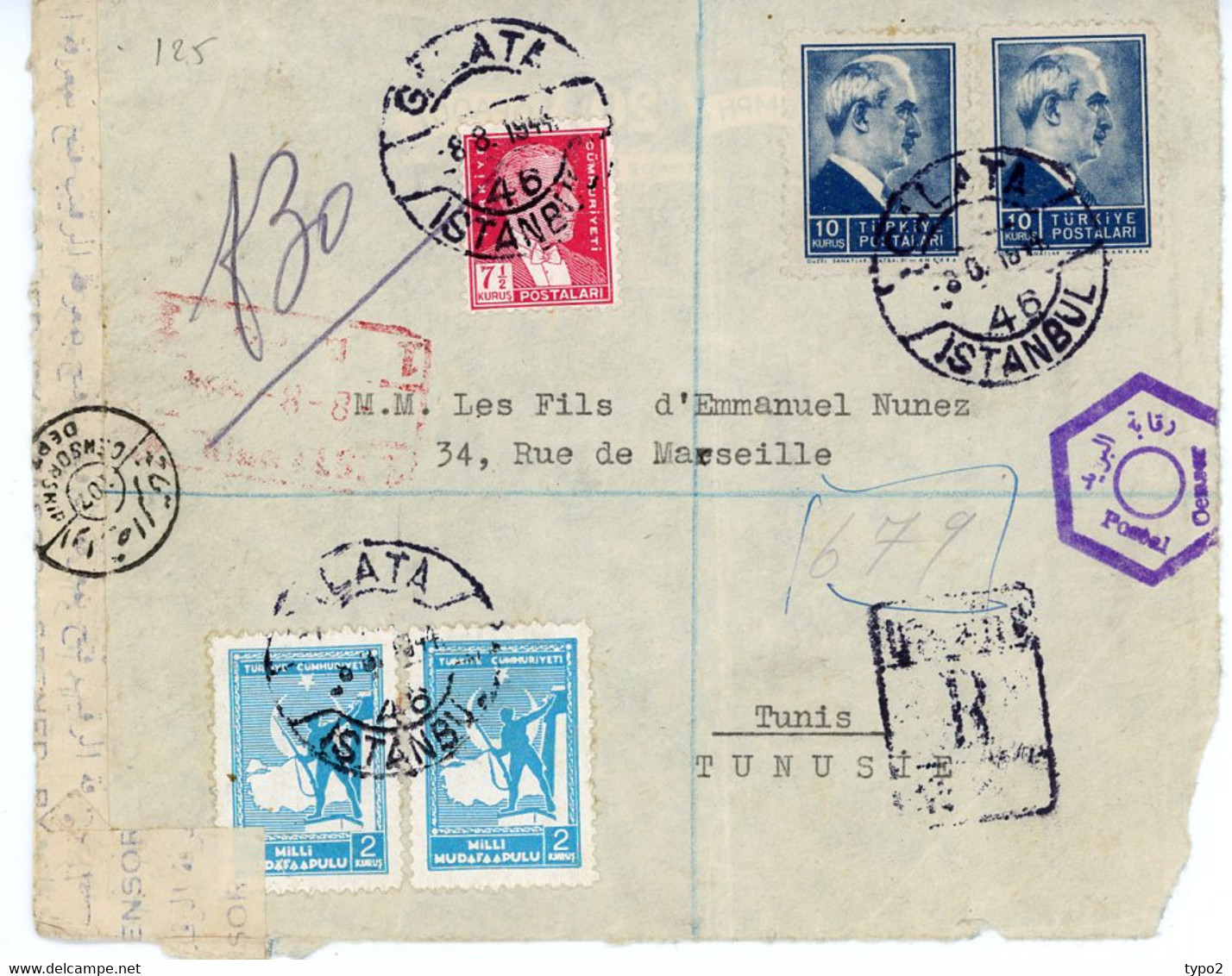 TURQUIE - LETTRE CENSUREE DE 1946 CACHET CENSORSHIP - Dessus De Lettre - Lettres & Documents