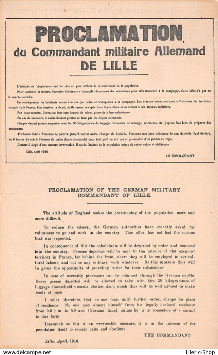 ►LILLE◄59►CPA►1916◄WW1►MILITARIA◄►PROCLAMATION DU COMMANDANT MILITAIRE ALLEMAND DE LILLE►DOBSON, MOLLE & CO - Guerra 1914-18