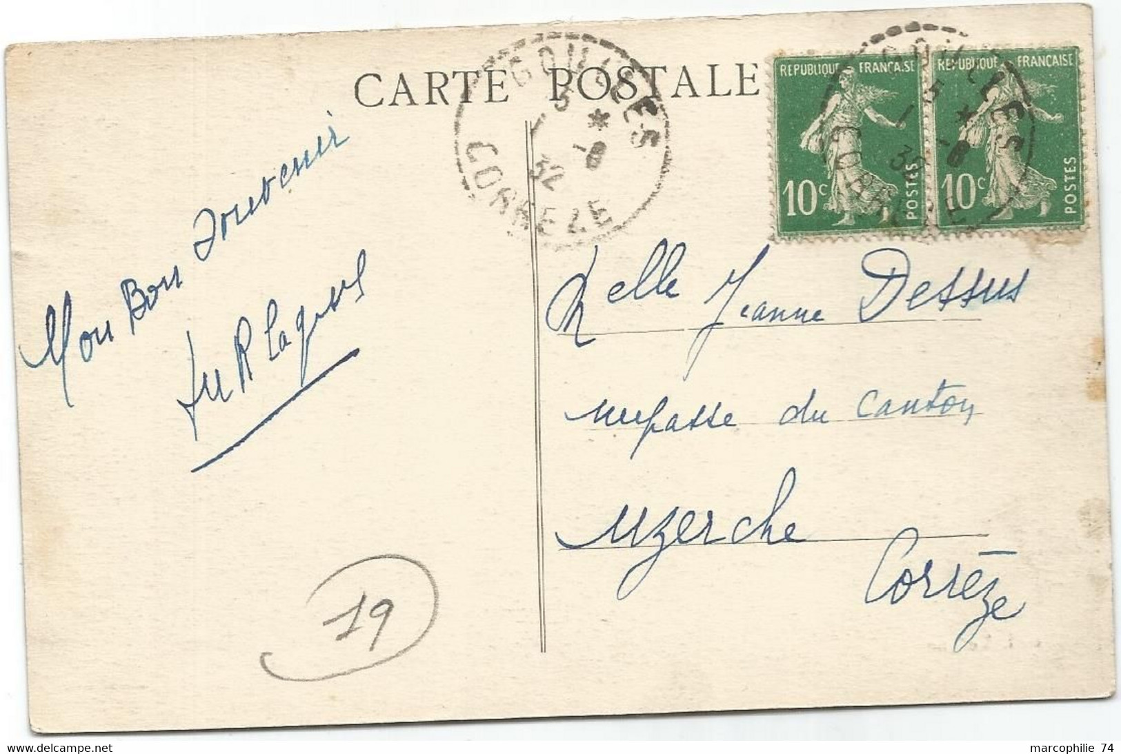 N°159 PAIRE CARTE LA POSTE C. PERLE GOULLES 1932 CORREZE - Manual Postmarks