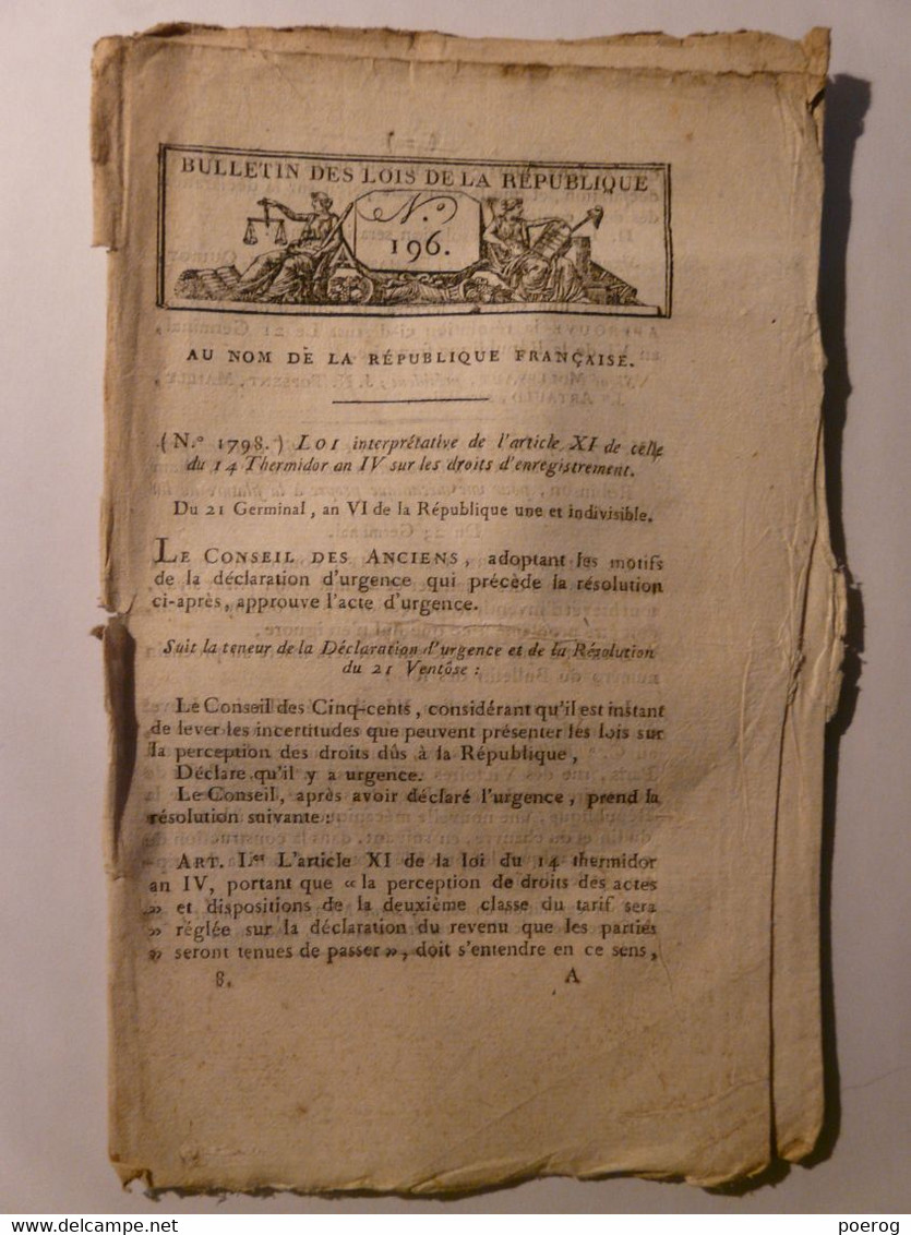 BULLETIN DES LOIS D' AVRIL 1796 - FILATURE CHANVRE HAUT RHIN BAS RHIN - EMIGRES EMIGRATION TERREUR - TIMBRE - Décrets & Lois