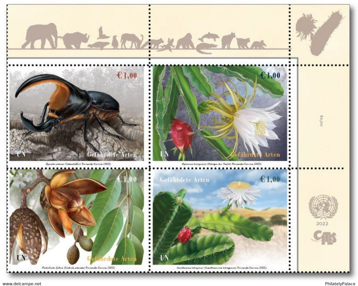 UN 2022 United Nations Endangered Species Wildlife Satanas Beetle, Cereus, Cactus, Cedar , Flora, Flower Set MNH (**) - Neufs