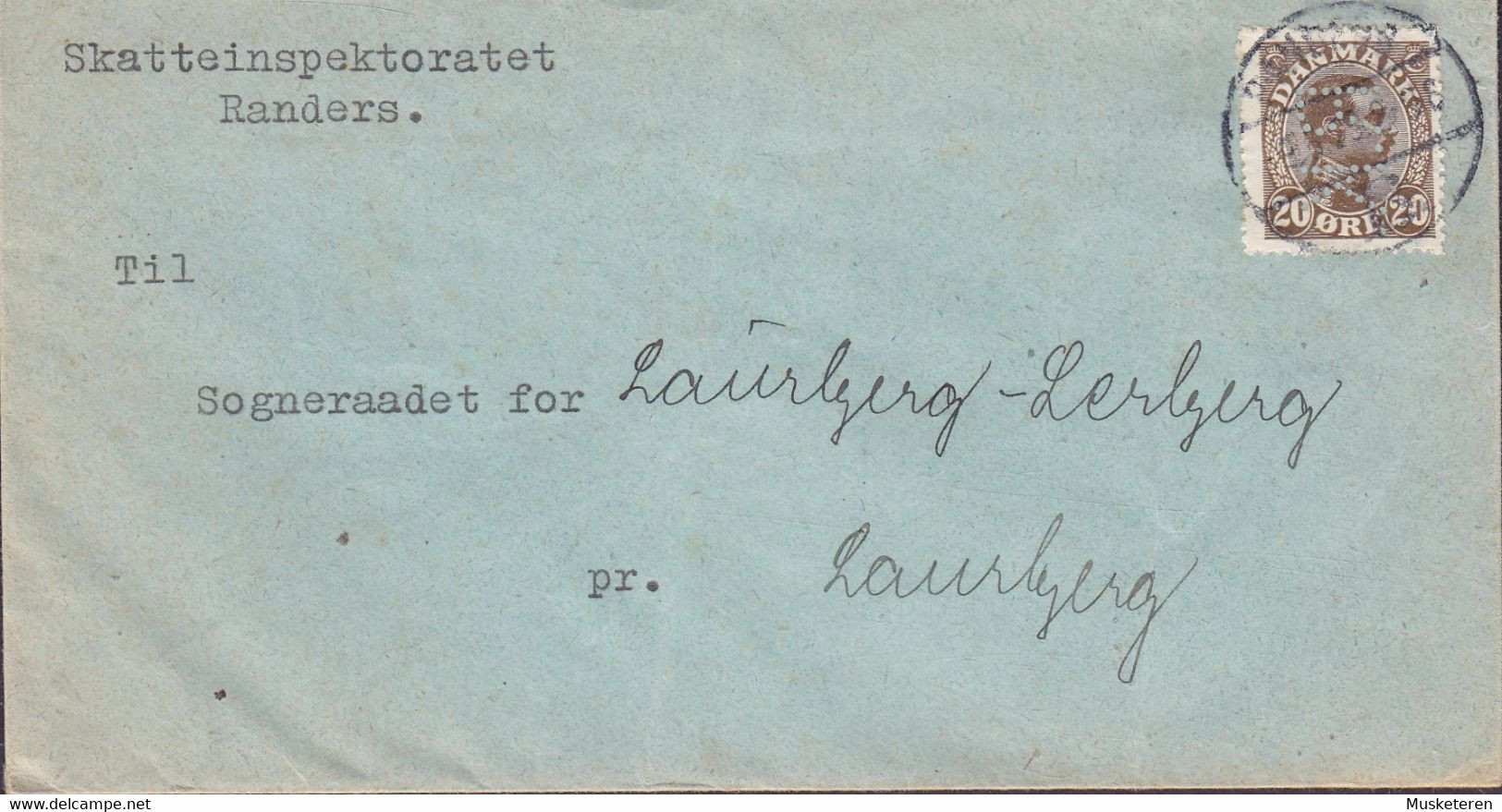 Denmark Perfin Perforé Lochung (R15) 'R.K.' Randers Kommune, SKATTEINSPEKTORATET, Brotype RANDERS B. 1920? Cover Brief - Plaatfouten En Curiosa