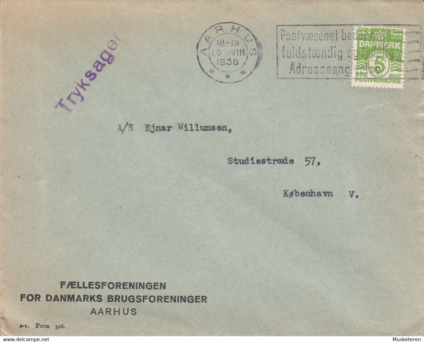 Denmark Perfin Perforé Lochung (F14) 'F.D.B.' FÆLLESFORENINGEN For DANMARKS BRUGSFORENINGER, AARHUS 1936 Cover Brief - Varietà & Curiosità