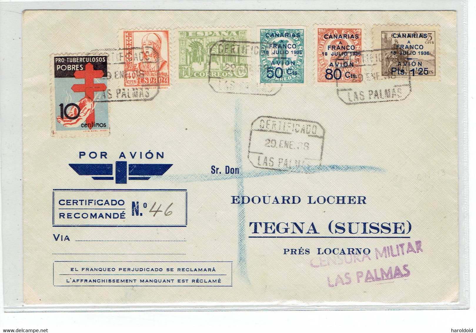 LR Par AVION De LAS PALMAS 1938 + Censure Militaire De LAS PALMAS Pour La Suisse - TB - 1938 - Nationalists Censor Marks