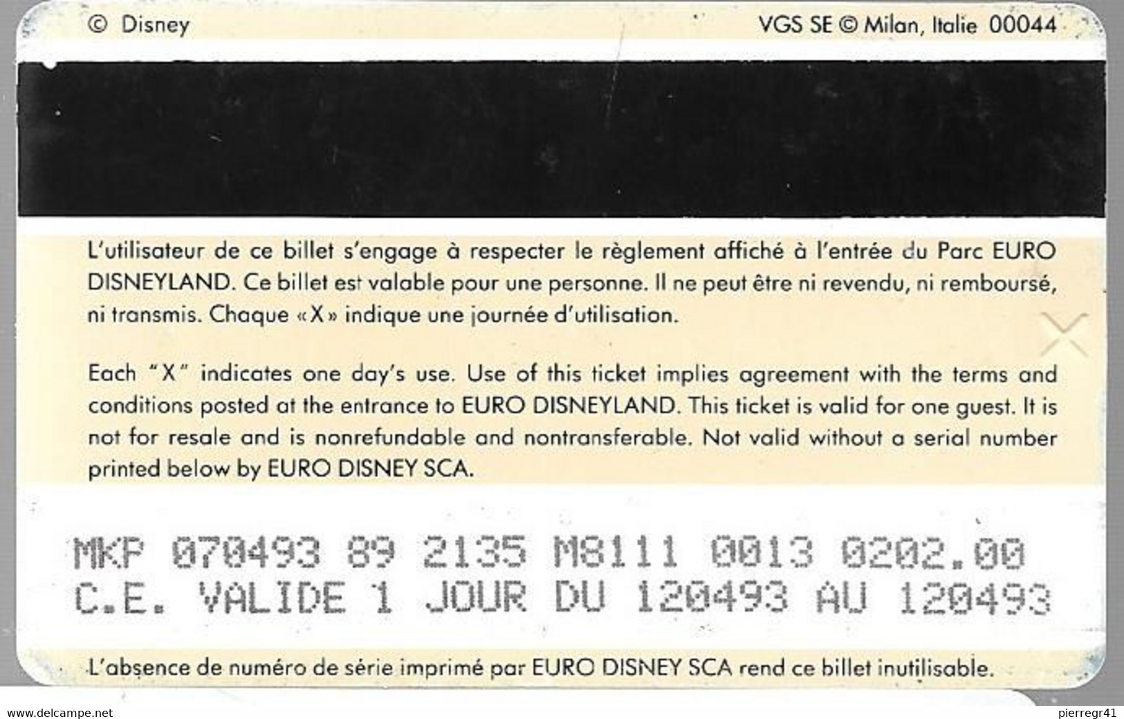 PASS-EURODISNEYLAND-1994-FEE CLOCHETTE-VGS-00044--CE Valide 1JOUR 12/4/93-BE - Toegangsticket Disney