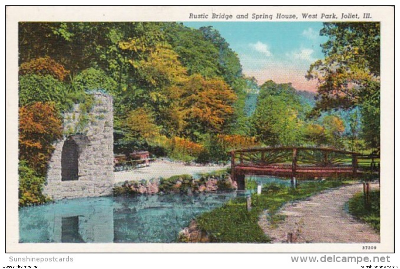 Illinois Joliet Rustic Bridge And Spring House West Park Curteich - Joliet