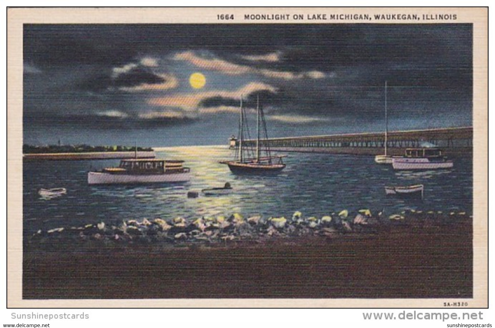 Illinois Waukegan Moonlight On Lake Michigan 1943 Curteich - Waukegan