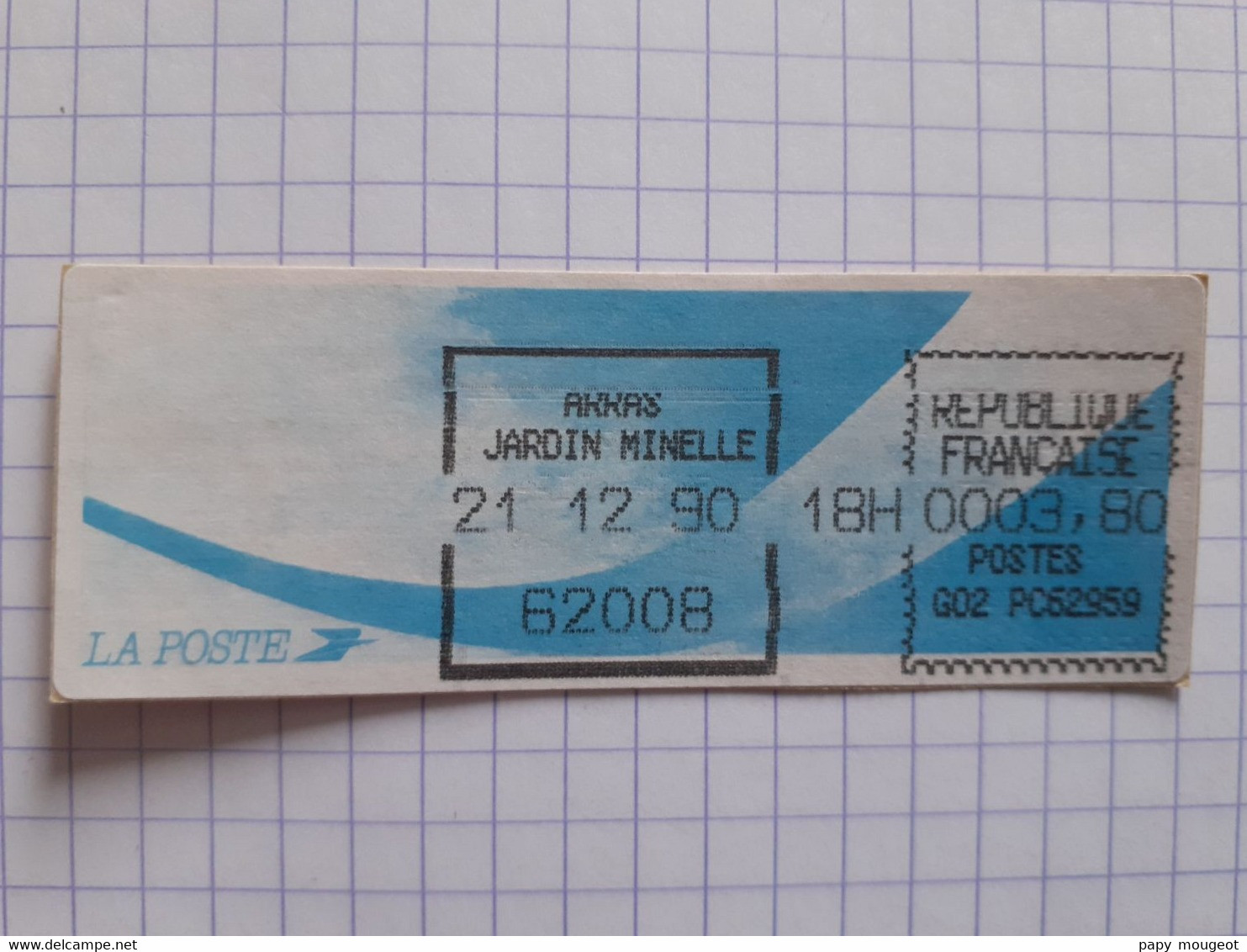 Arras Jardin Minelle 62008 - 21-12-90 - G02 PC62959 Tarif 3.80 - Encre Noire Imprimante Dérèglée - 1988 Type « Comète »