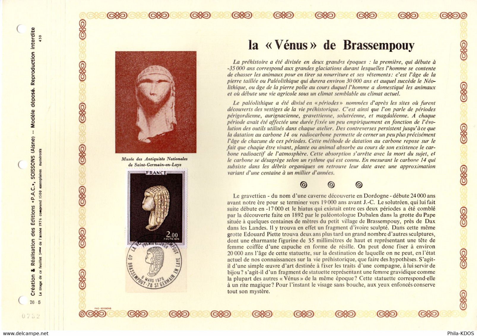 &#9989; RRR 1500 Ex." VENUS DE BRASSEMPOUY " Sur Feuillet PAC 1er Jour N°té RARE De 1976. N° YT 1868. RRR FDC - Prehistory