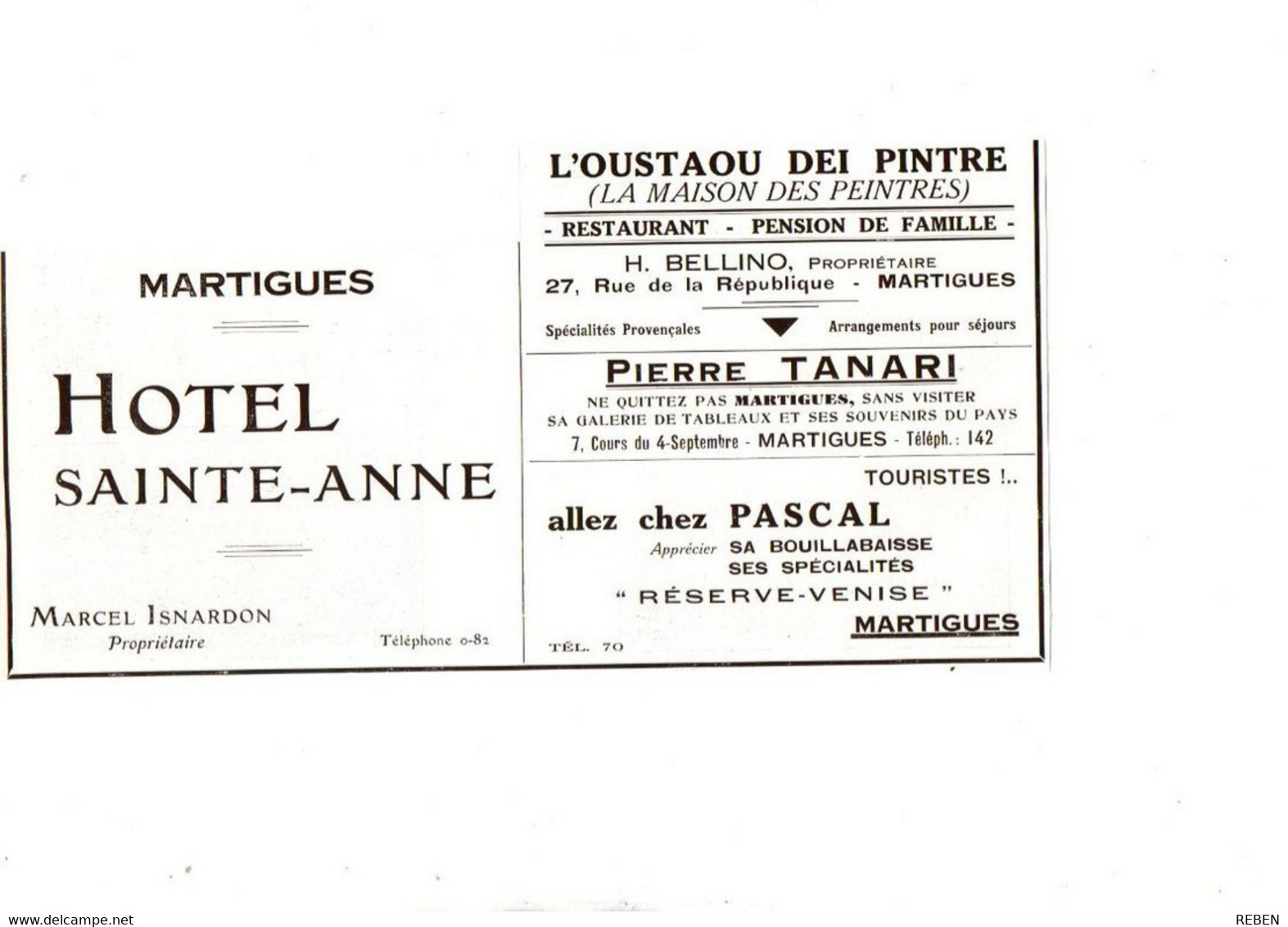 (13) Bouches Du R. Publicité Papier Coupure De Presse Année 1935 Martigues Hôtel Ste Anne L'Oustaou Dei Pintre - Advertising