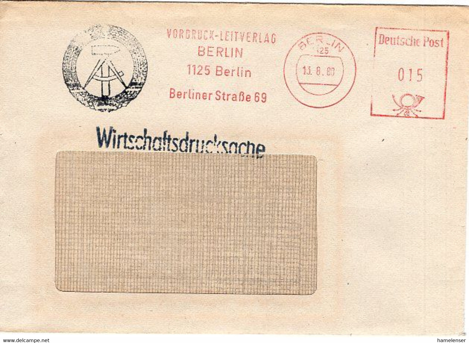 51496 - DDR - 1980 - 15Pfg. AbsFreistpl BERLIN - VORDRUCK-LEITVERLAG ... A WirtschaftsdrucksFensterBf - Briefe U. Dokumente