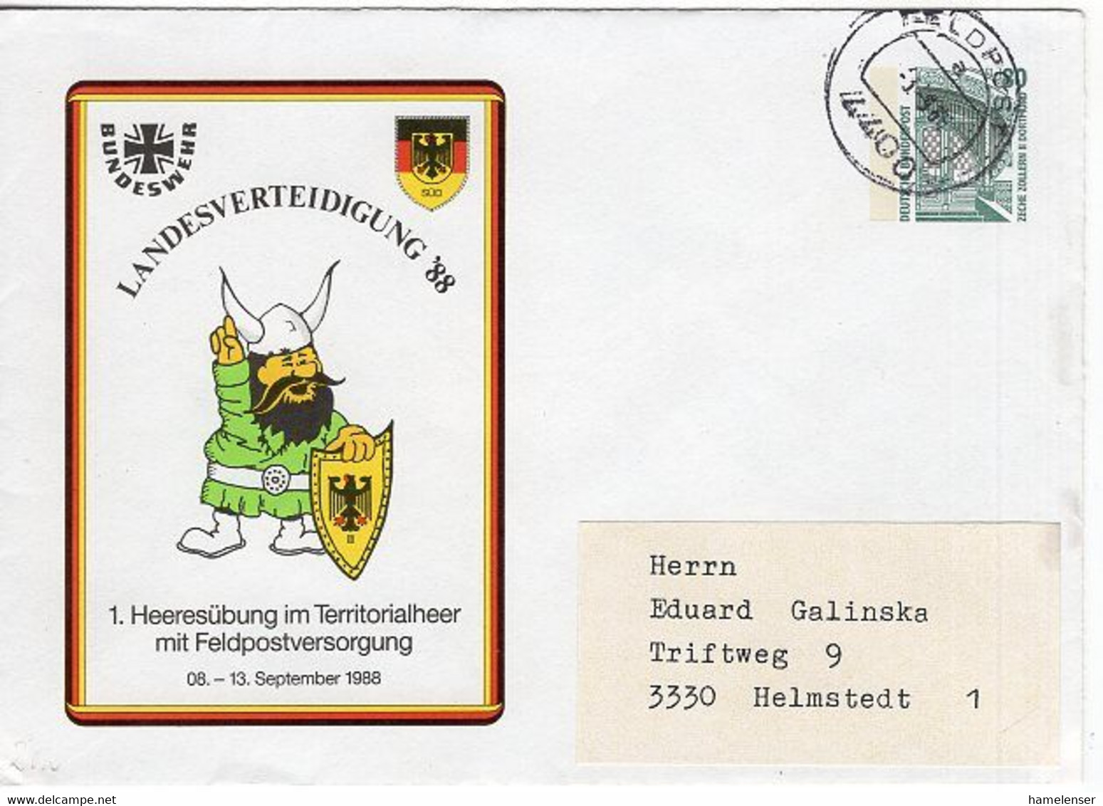 51513 - Bund - 1988 - 80Pfg SWK PGAUmschl BW-Heeresuebung M Feldpostversorgung FELDPOST 4400 -> Helmstedt - Covers & Documents