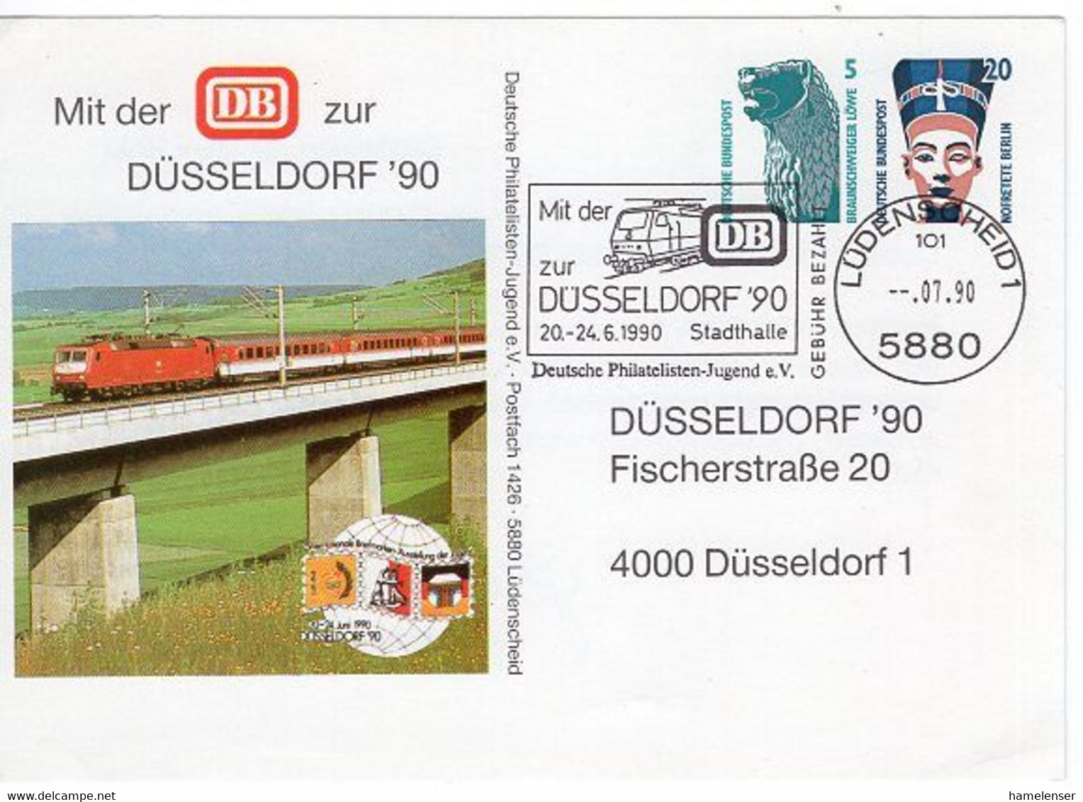 51516 - Bund - 1990 - 5&20Pfg. SWK PGAKte "Mit Der DB Zur DUESSELDORF '90" AbsStpl LUEDENSCHEID -> Duesseldorf - Treni