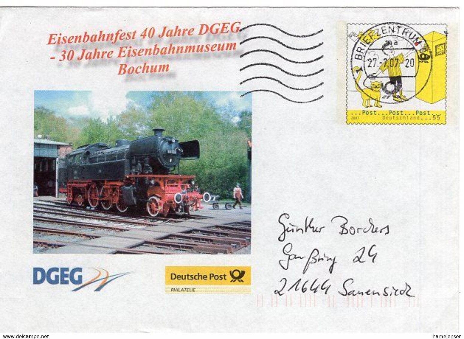 51527 - Bund - 2007 - 55c. Plusbrief "Post" M. Zudruck "30 Jahre Eisenbahnmuseum Bochum" BRIEFZENTRUM 09 -> Sauensieck - Trenes