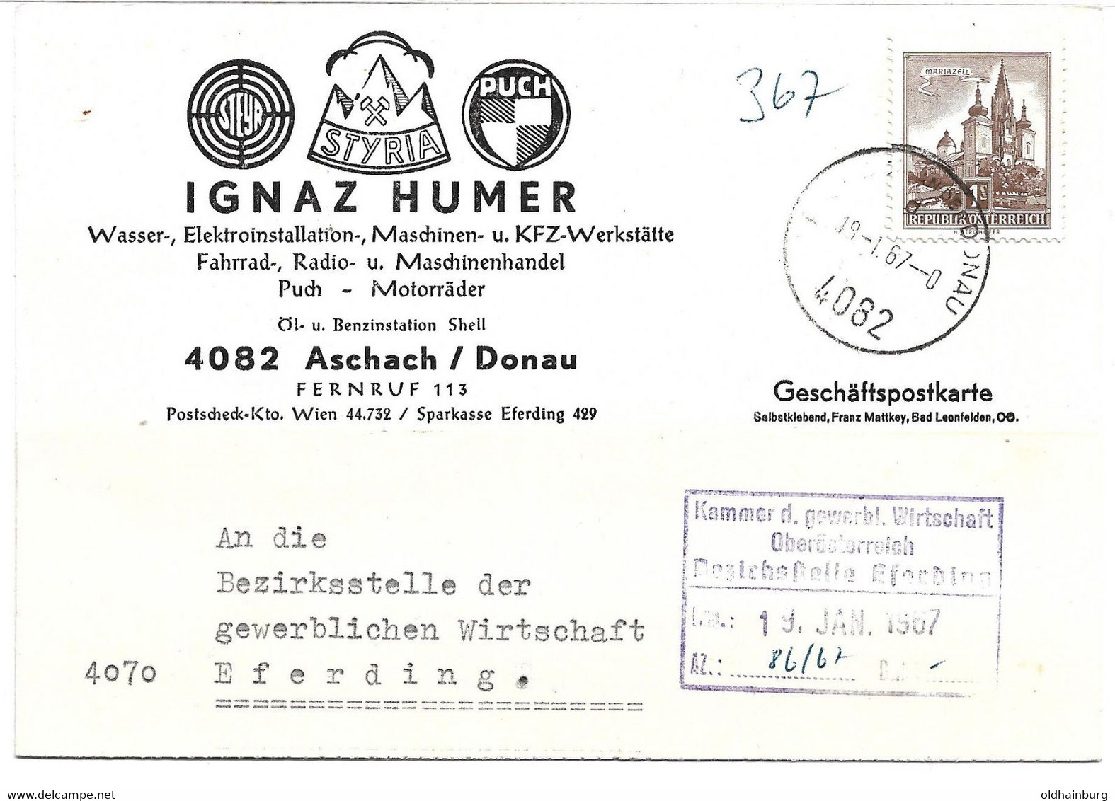 3211a: Heimatsammler 4082 Aschach, Maschinen- & Kfz- Werkstätte Steyr, Puch, Ignaz Humer, 19.1.67 - Eferding