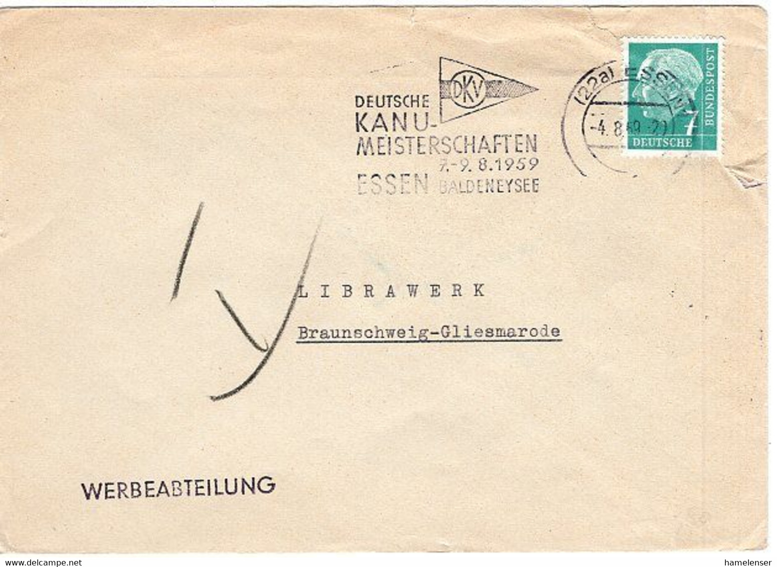 51538 - Bund - 1960 - 7Pfg. Heuss I EF A DrucksBf ESSEN - DEUTSCHE KANU-MEISTERSCHAFTEN ... -> Braunschweig - Canoë