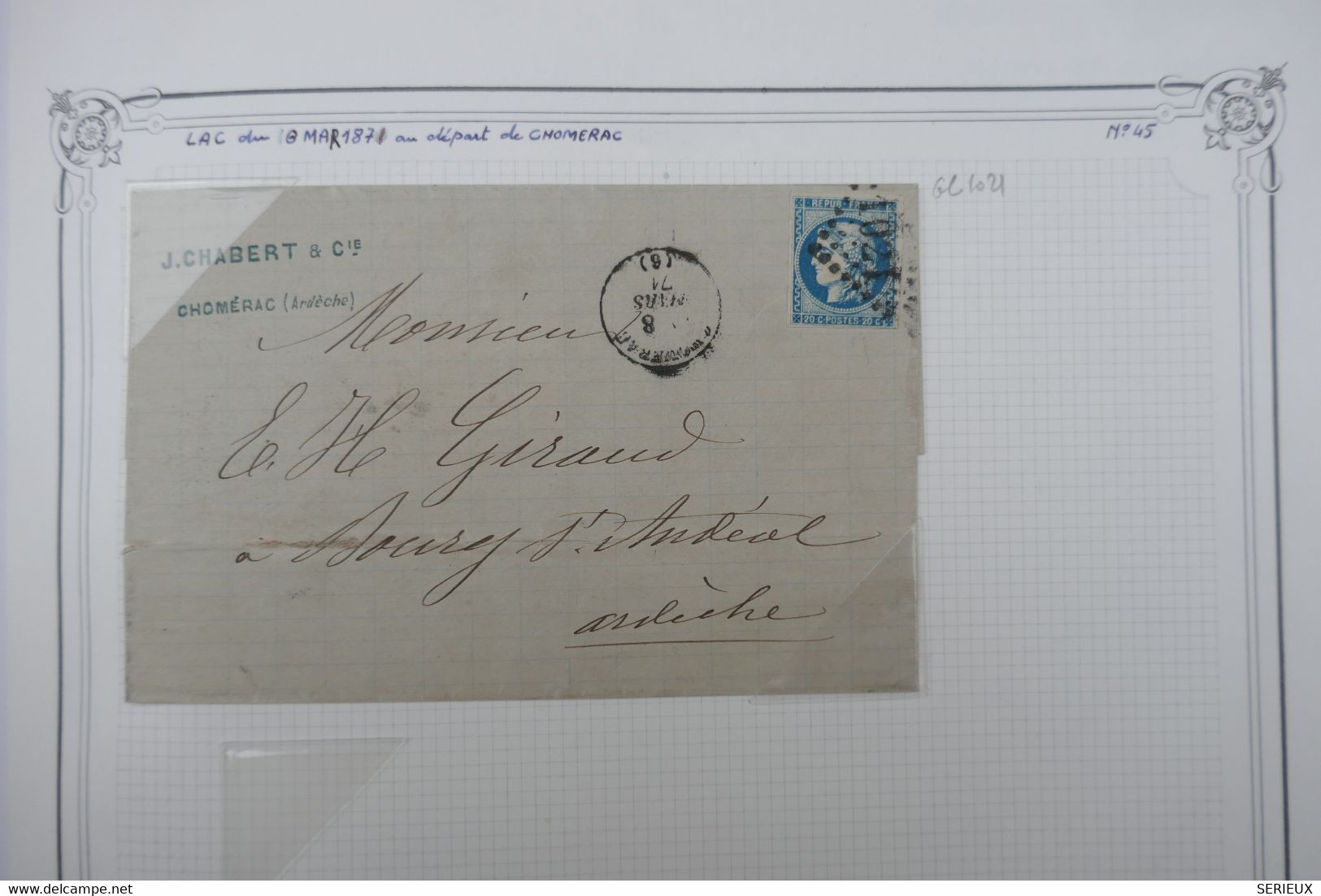 AT7 FRANCE   BELLE LETTRE 1874 CHAUMERAC POUR BOURG ST ANDEOL ++CERES BORDEAUX  + AFFRANCH. INTERESSANT - 1870 Emission De Bordeaux