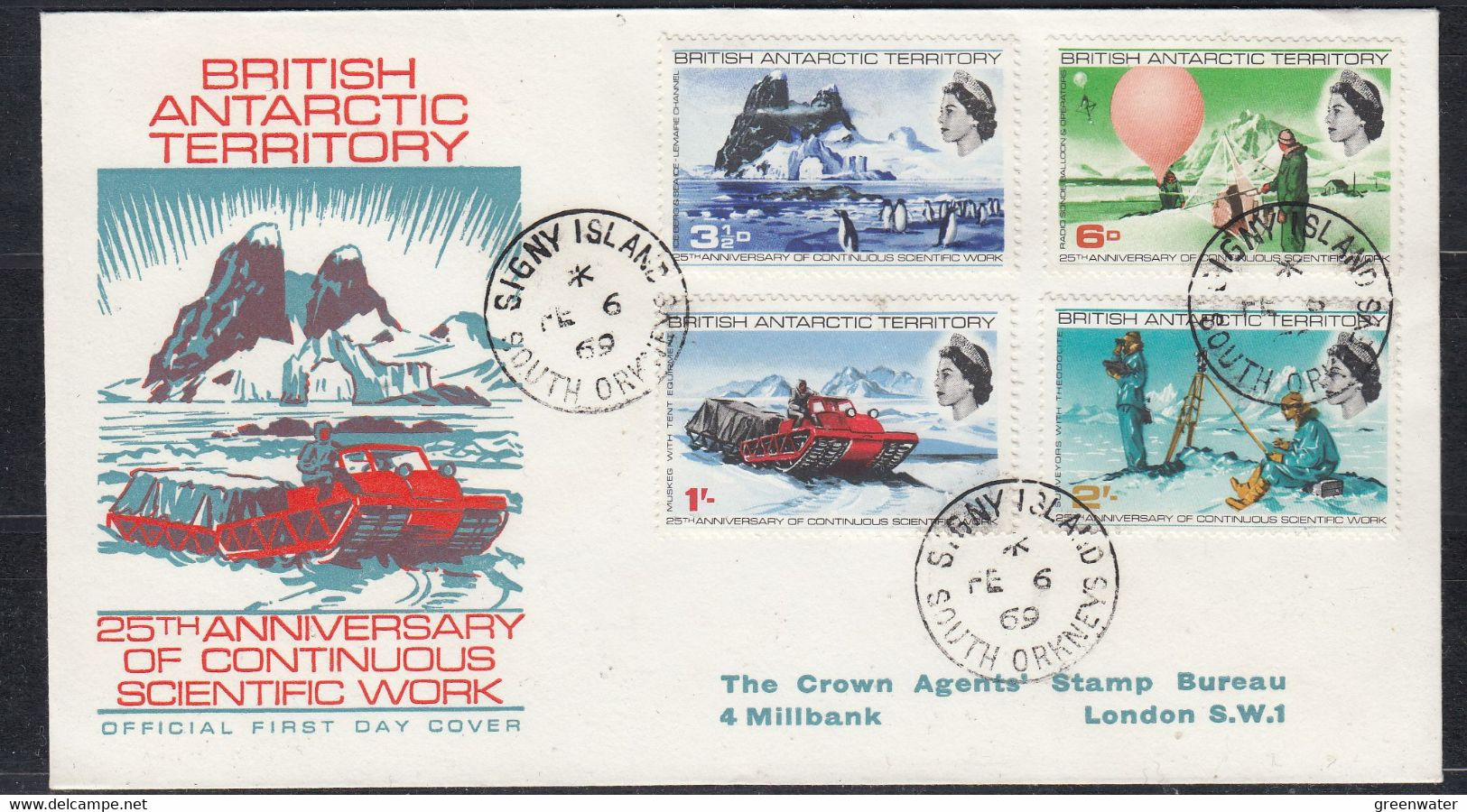 British Antarctic Territory (BAT) 1969 Scientific Works 4v  FDC Ca Signy Island / South Orkneys FE 6 69 (57613) - FDC