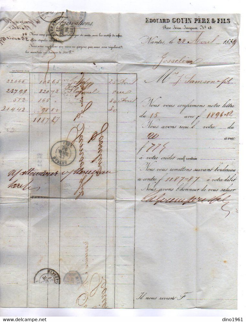 VP19.385 - 1859 - Lettre / Bordereau - Banque Edouard GOUIN Père & Fils à NANTES Pour Mrs SAMSON à JOSSELIN - Bank En Verzekering
