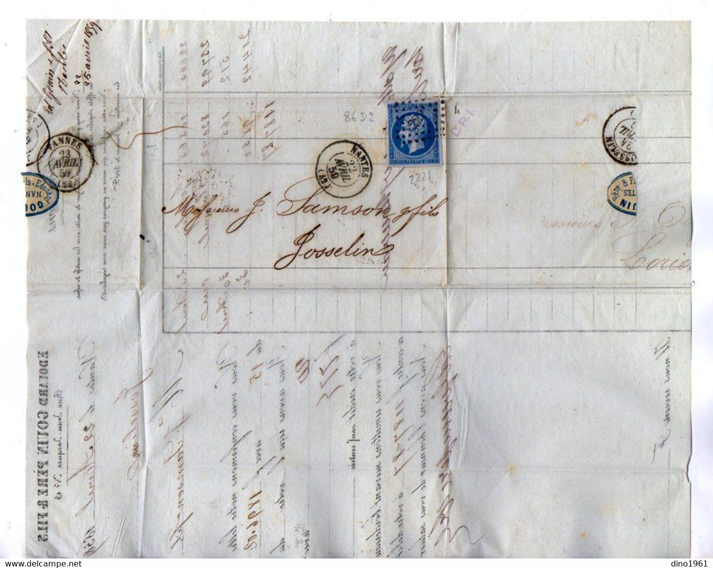 VP19.385 - 1859 - Lettre / Bordereau - Banque Edouard GOUIN Père & Fils à NANTES Pour Mrs SAMSON à JOSSELIN - Banque & Assurance