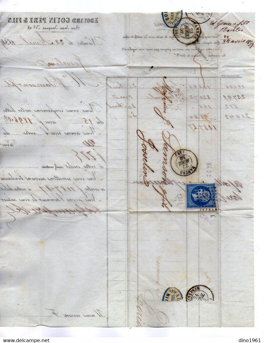 VP19.385 - 1859 - Lettre / Bordereau - Banque Edouard GOUIN Père & Fils à NANTES Pour Mrs SAMSON à JOSSELIN - Bank En Verzekering