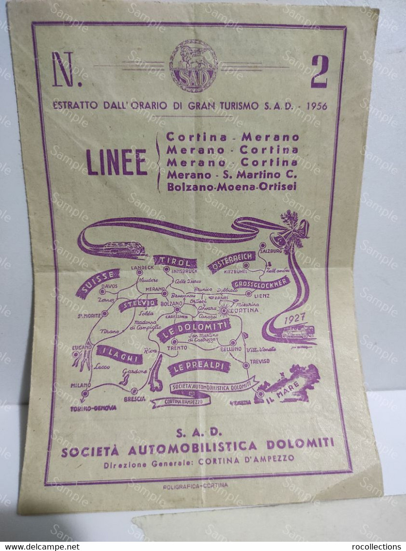 Italia Orari Timetables S.A.D. Società Automobilistica Dolomiti Bolzano Moena Canazei Ortisei Merano Cortina Vigo 1956 - Europa