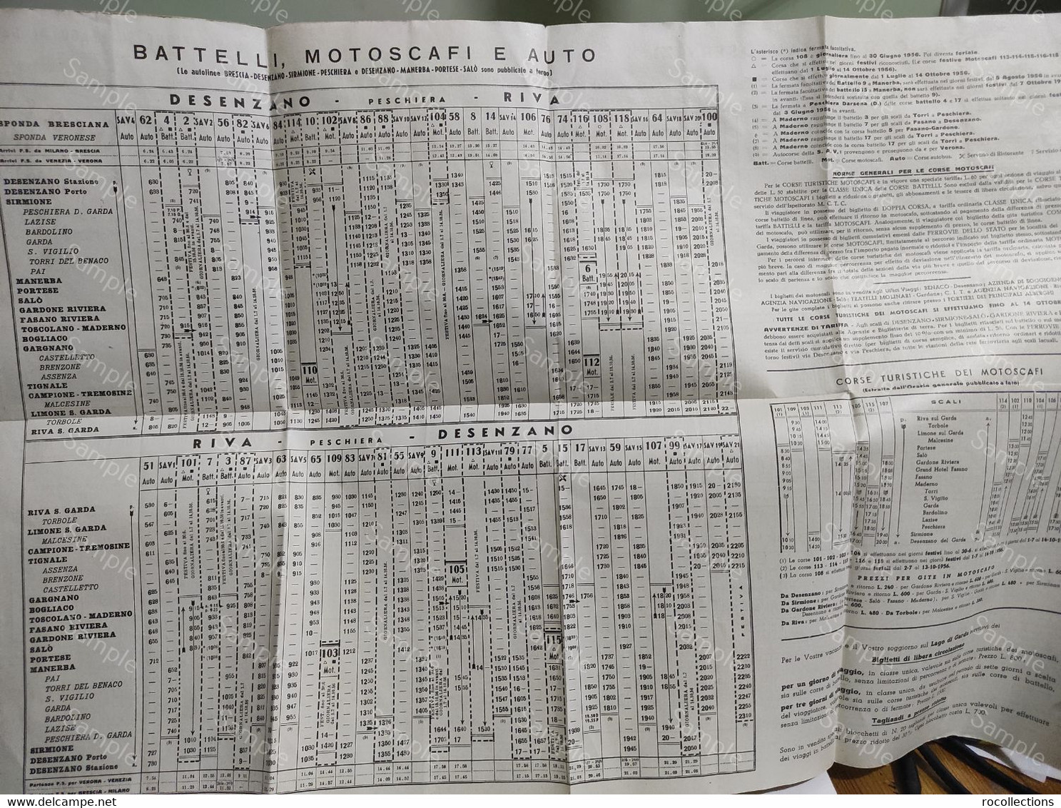 Italia Orari Timetables Navigazione Lago Di Garda ORARIO E Tariffe Desenzano Salò Riva Peschiera Sirmione Manerba 1956 - Europa