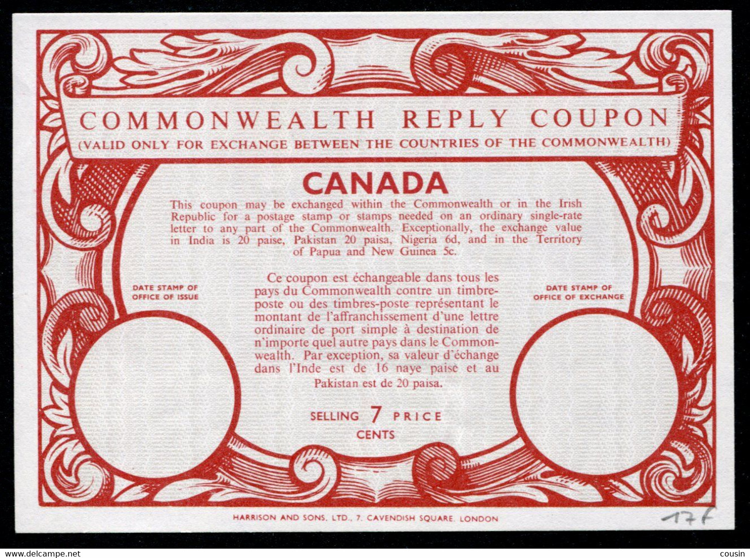 CANADA  7 CENTS  Commonwealth Reply Coupon / Coupon-réponse Régime Britannique - Reply Coupons