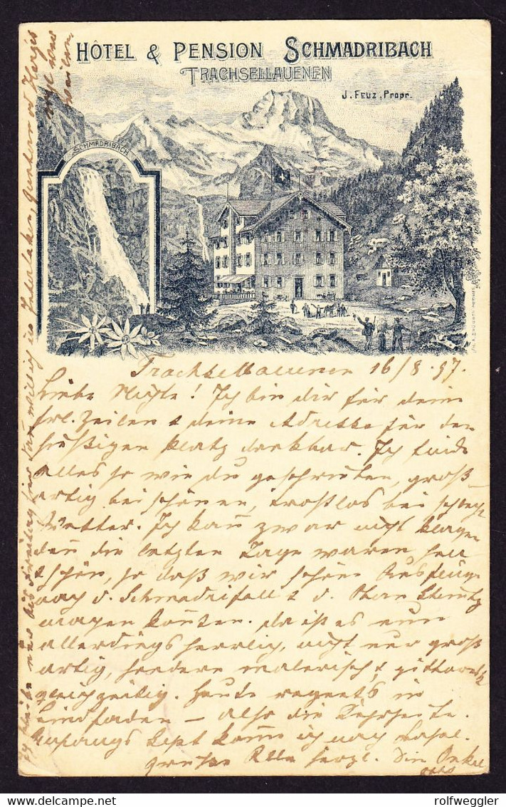 1897 Hotel Reklame AK: Hotel Und Pension Schmadribach, Trachsellauenen. Minim Knittrig, Adresse Korrigiert. Gestempelt - Lauenen