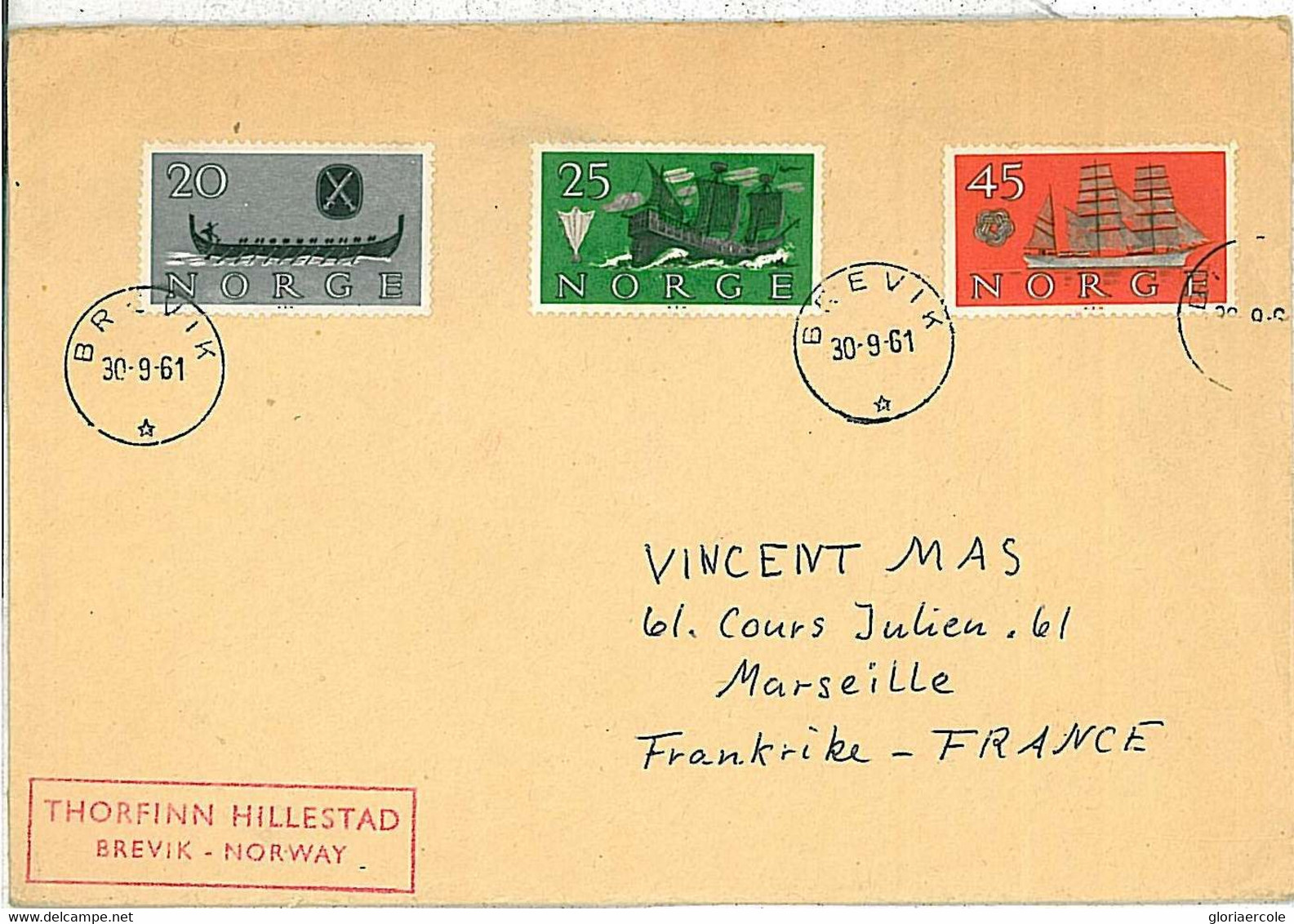 20615 -  NORWAY - POSTAL HISTORY  - COVER To FRANCE - SHIPS \ BOATS - 1961 - Lettres & Documents