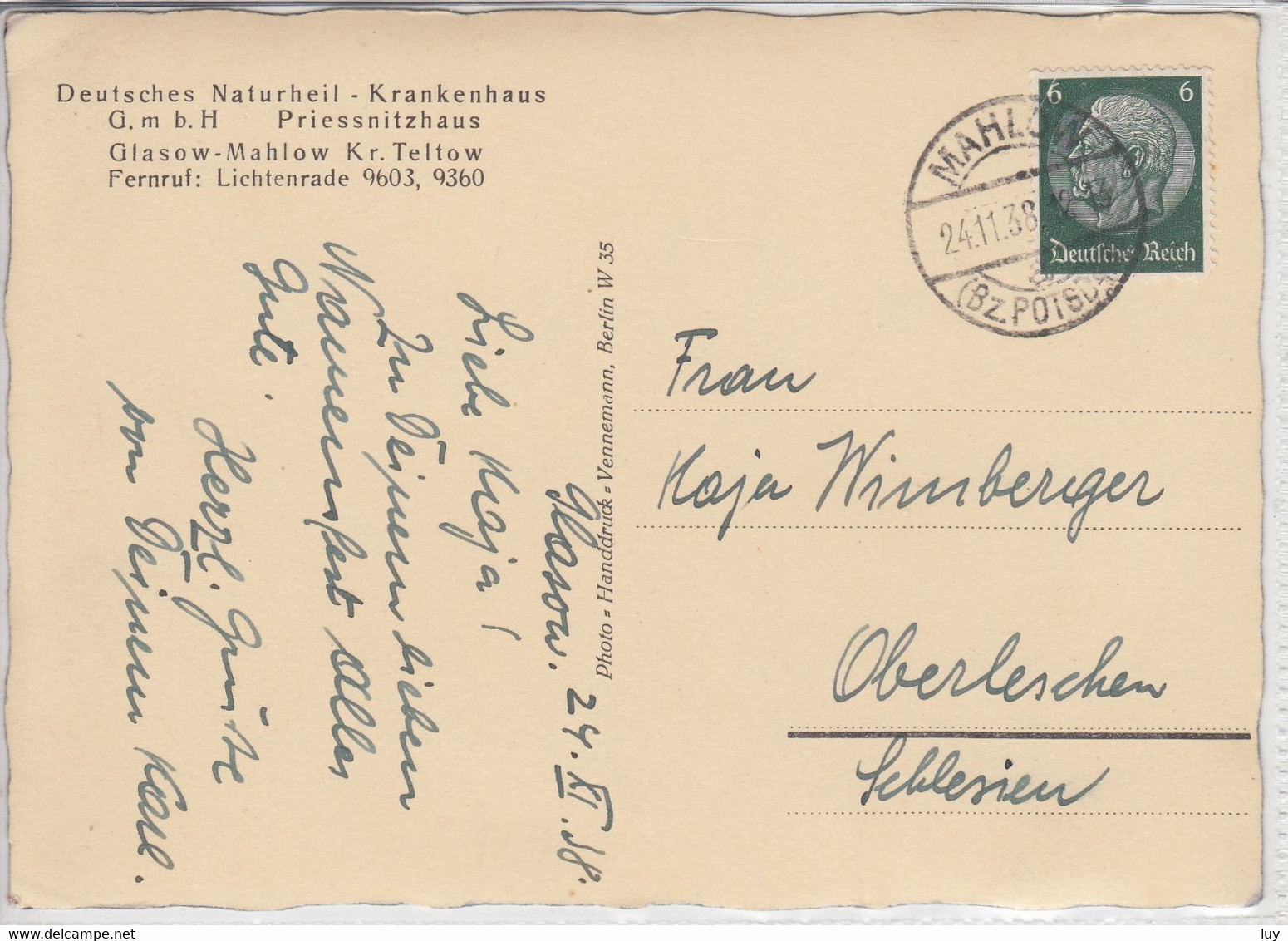 GLASOW - MAHLOW - Priessnitzhaus, Krankenhaus,   Gel. 1938 - Blankenfelde