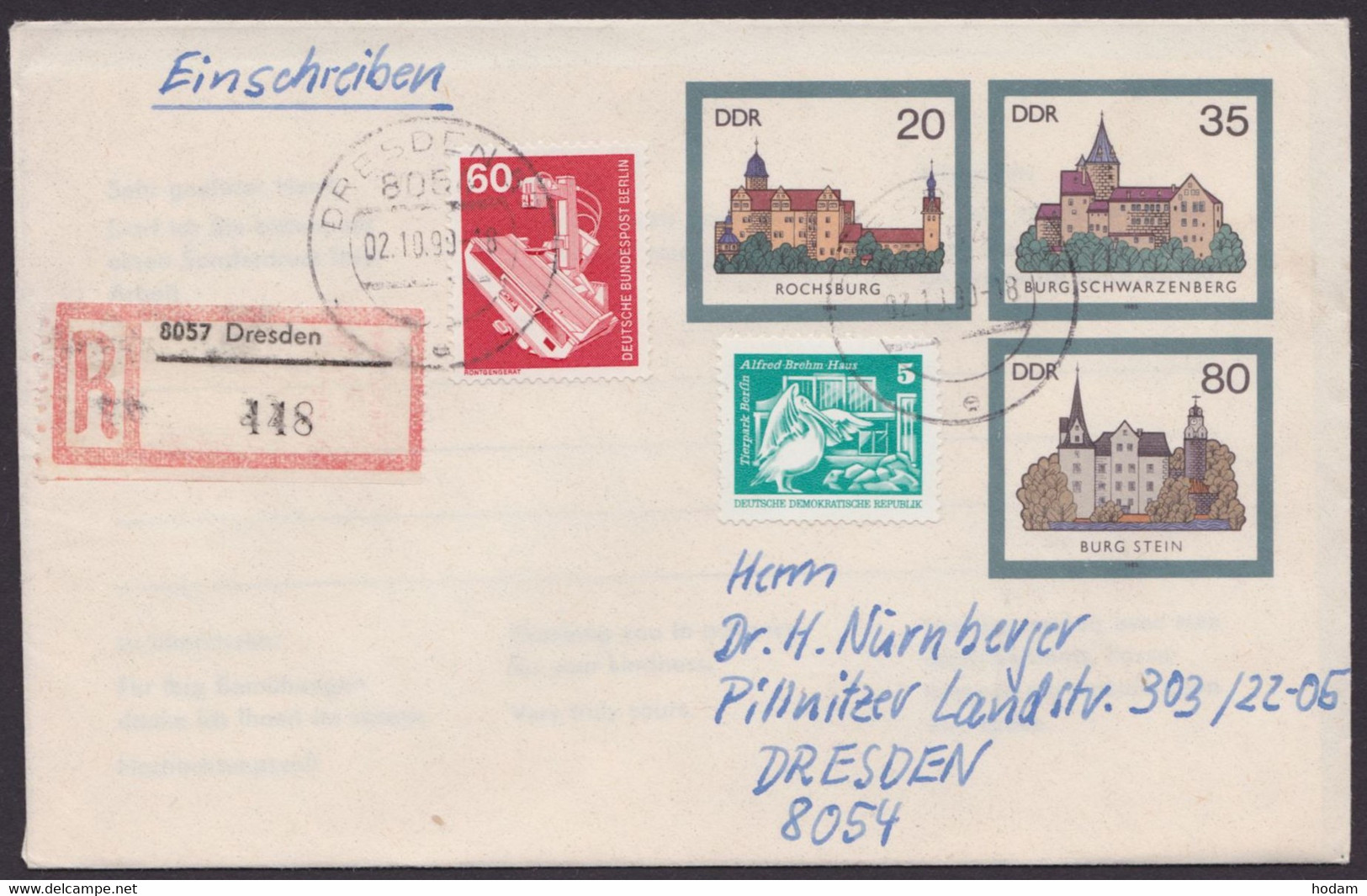 U 2, Orts-R-Brief "Dresden", 2.10.90, Zusatzfrankatur - Enveloppes - Oblitérées
