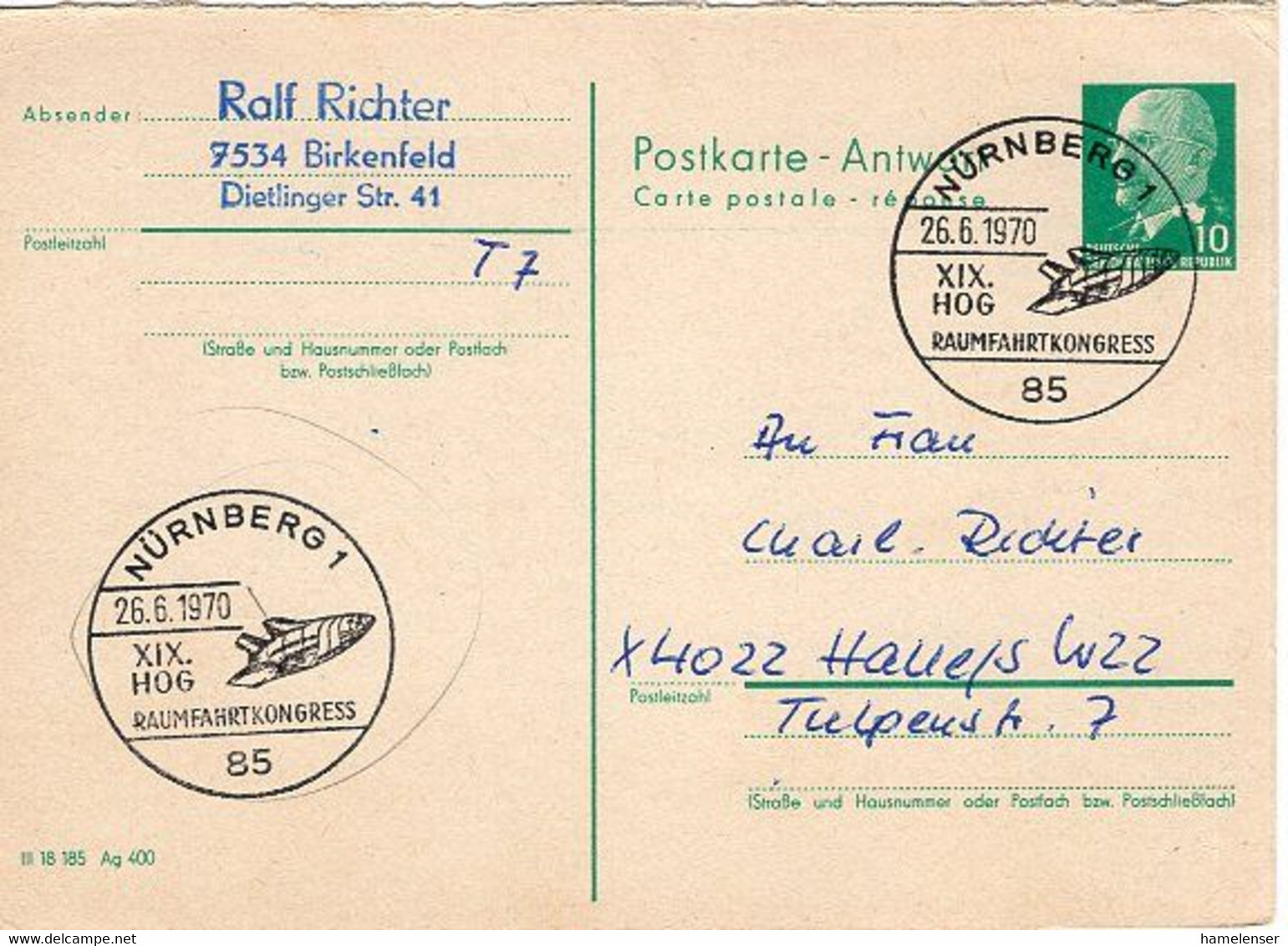 51571 - Bund - 1970 - 10Pfg. Ulbricht DDR-GAAntwKte (Antwortteil) NUERNBERG - XIX. HOG RAUMFAHRTKONGRESS -> DDR - Sonstige & Ohne Zuordnung