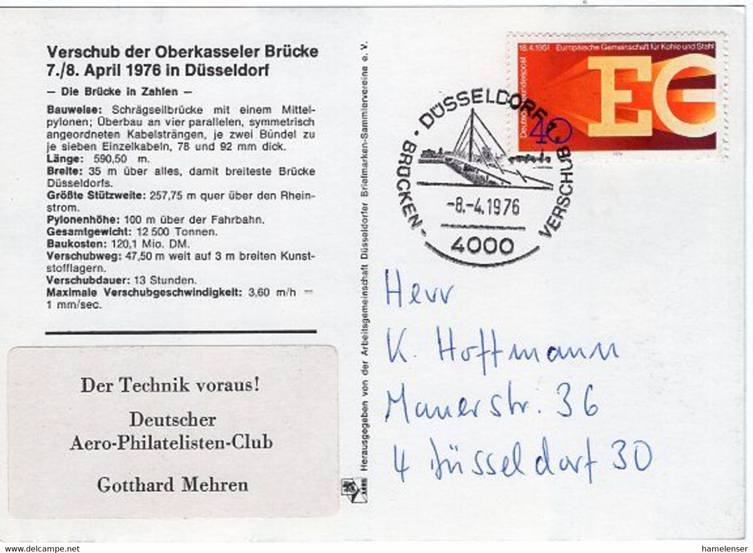 51584 - Bund - 1976 - 40Pfg EG EF A AnsKte DUESSELDORF - BRUECKENVERSCHUB -> Duesseldorf - Puentes