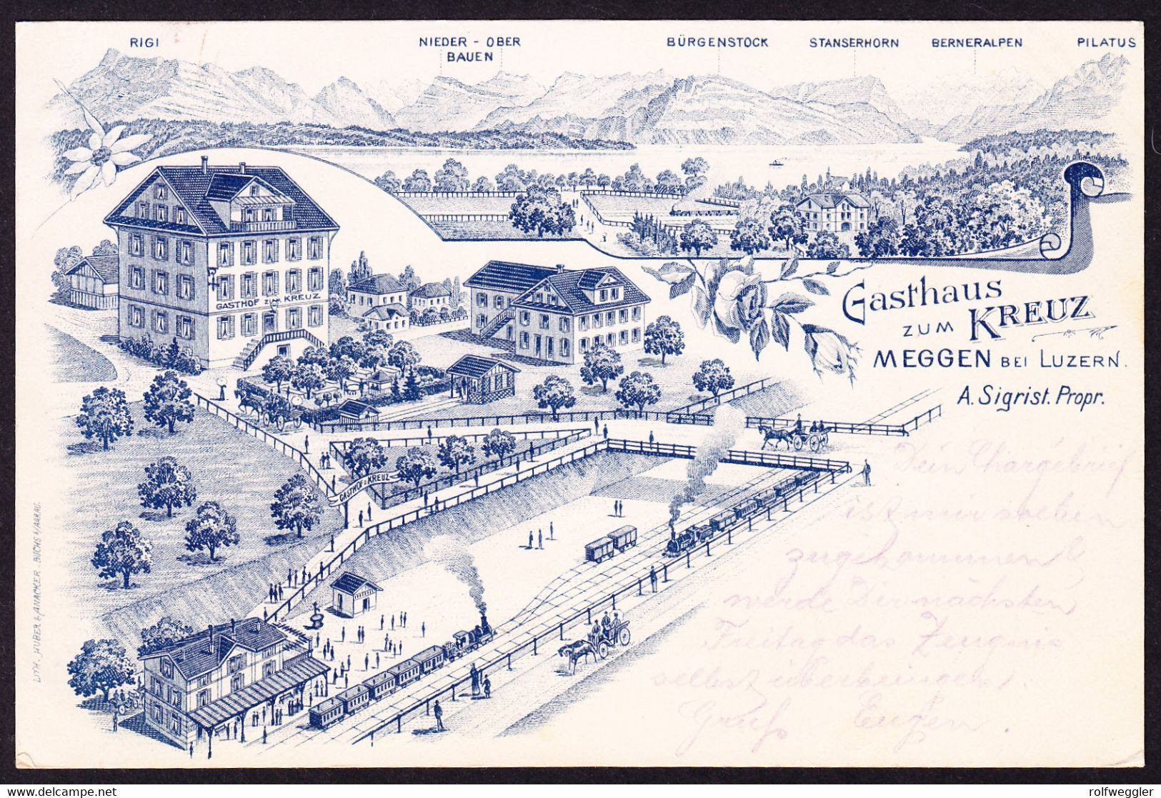 1900 Hotel Reklame AK: Gasthaus Zum Kreuz, Meggen, Mit Bahnhof. Stempel Goldau Nach St. Gallen. MEGGEN Boite Station In - Meggen