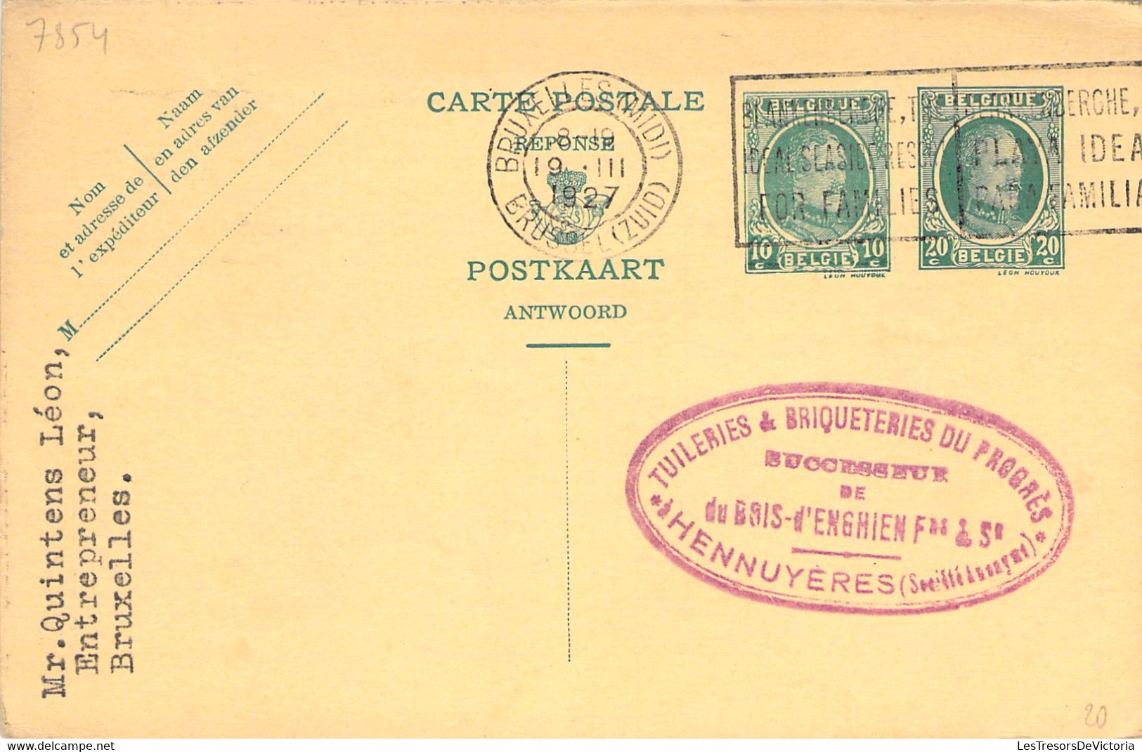 Entier Postal ( 2 Entiers Postaux Sur Meme Carte ) 1927 - 20c Et 10 C - Oblitéré à Bruxelles Et Flamme - Cartes Postales 1909-1934