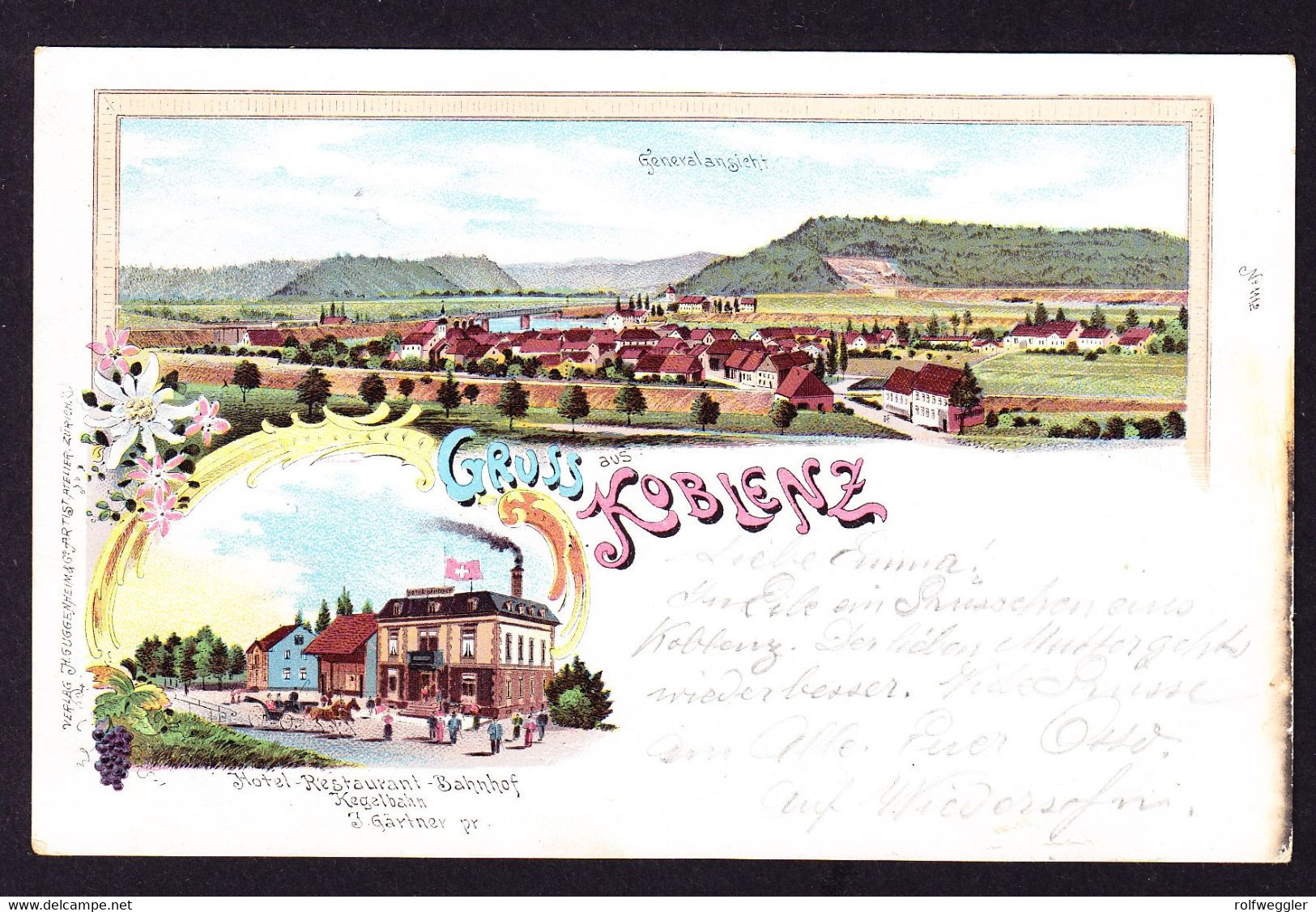 1904 Gelaufene Litho AK: Gruss Aus Koblenz Mit Hotel, Restaurant Bahnhof. Nach Zurzach. Leicht Oxidiert Im Rechten Rand - Zurzach