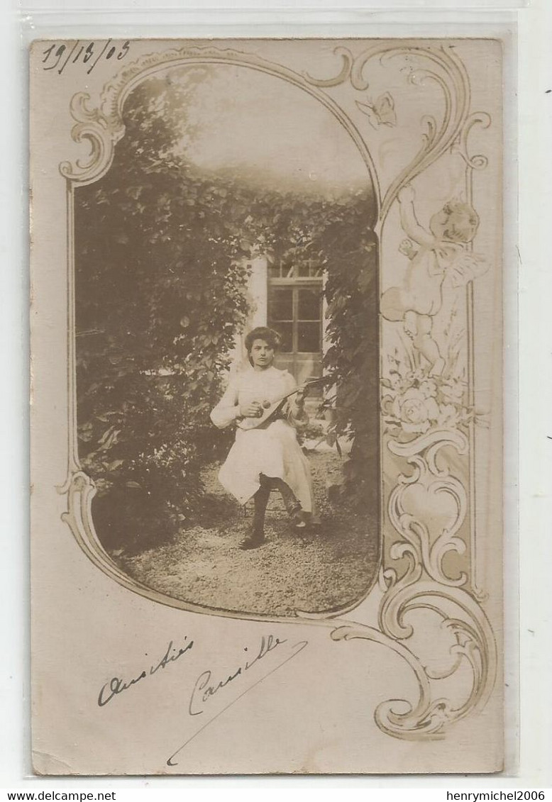 Carte Photo Jeune Fille Jouant De La Mandoline Instrument Musique Pour Lycée A Tours 37 , 1905 - A Identificar