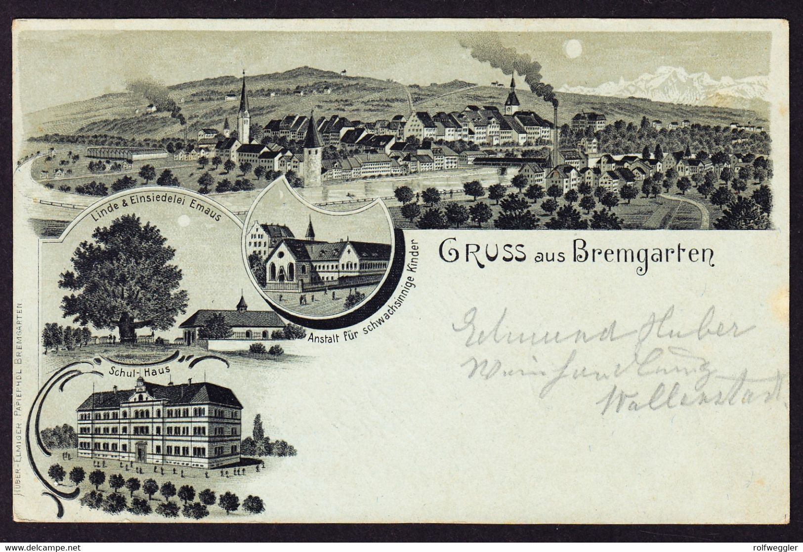 1900 Gelaufene Mondschein-Litho: Gruss Aus Bremgarten, 4 Bildrig. Nach Räfis. - Bremgarten