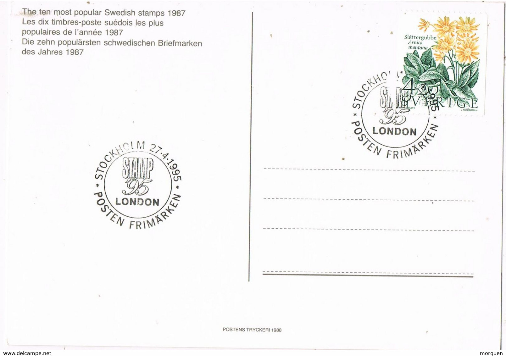 44261. Postal STOCKHOLM (Sverige) Suecia 1995. Stamp 95 LONDON. Flowers Arnica - Covers & Documents