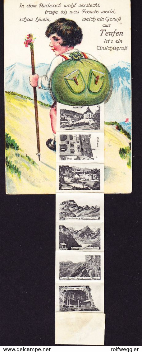 Um 1942 Mit Feldpost Gelaufene Akkordeonkarte Aus Teufen. 10 Bildchen Im Rucksack. - Teufen