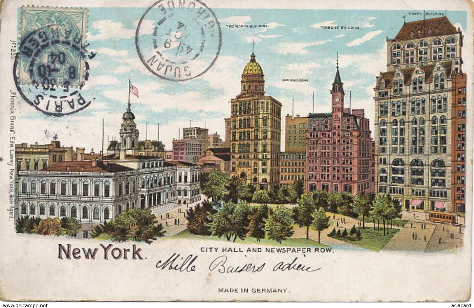 Art Card Litho Made In Germany New York City Hall And Newspaper Row Times Sun World Tribune  Used To Gujan Mestras - Autres Monuments, édifices