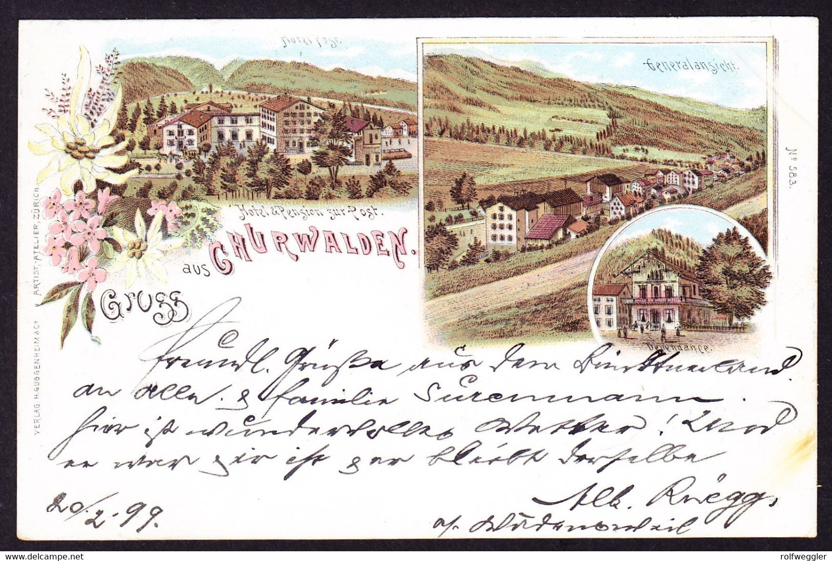 1899 Gelaufene Hotel AK: Gruss Aus Churwalden, 3 Bildrig. Hotel Und Pension Zur Post. Nach Interlaken - Churwalden