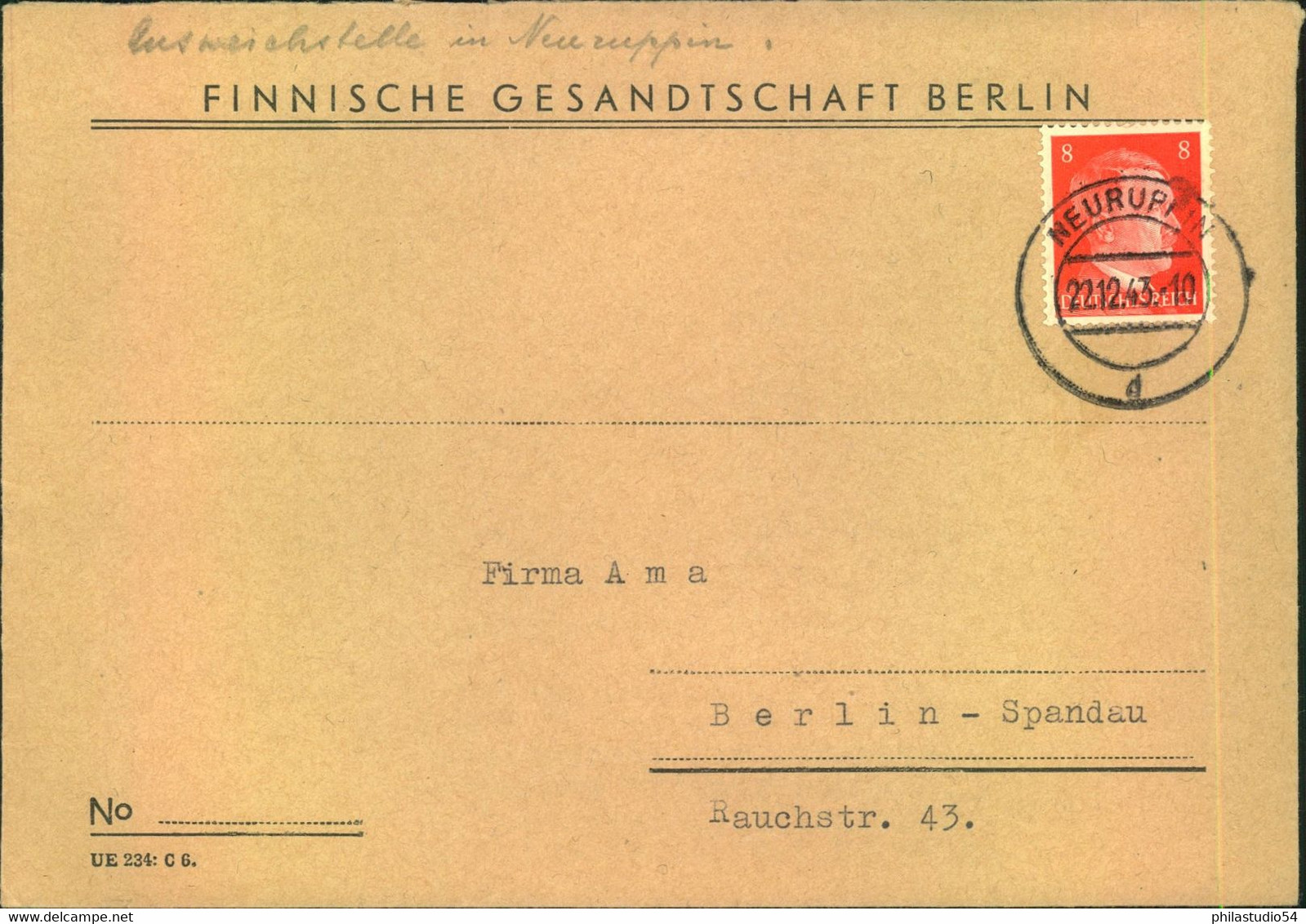 1944, Brief Der Finnischen Gesandtschaft Ab Neuruppin Nach Berlin - Altri & Non Classificati